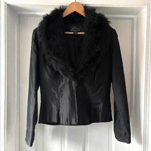 Jessica McClintock Vintage Black Satin Faux Fur Blazer Jacket Zip Up Size S / M - Picture 1 of 11